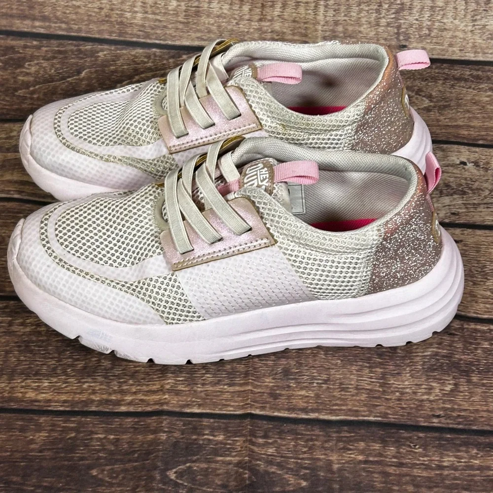 Hey Dude Sirocco Play Kids‎ Sneakers Pink White Glitter Rose Gold Size J5